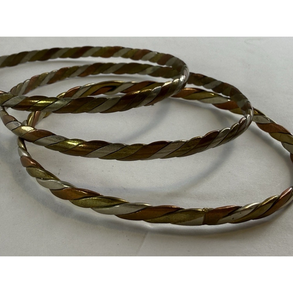 Vintage Twisted Bangle Bracelet Set 3 Brass Copper Mixed Metal Braided Stacking